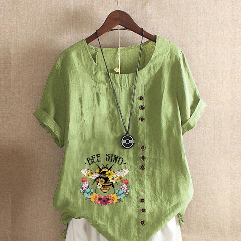 Women's Fashion Bee Flowers Prined Short Sleeve T-shirt Loose Cotton Shirt Casual Loose Summer Blouse Tops Plus Size