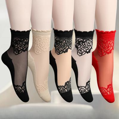5 Pairs of Women's Summer Thin Rose Lace Cotton Bottom Breathable Tube Socks