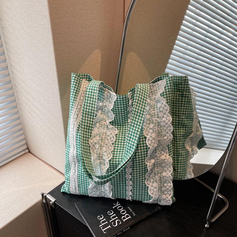 

Клетчатая холщовая сумка женская большой вместимости новая летняя универсальная кружевная сумка через плечо классная сумка-тоут зелёный