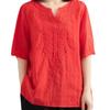Damen Besticktes Baumwoll- und Leinen V-Ausschnitt Kurzarm Lockerer Pullover