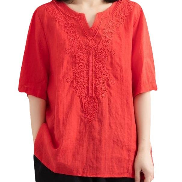 Damen Besticktes Baumwoll- und Leinen V-Ausschnitt Kurzarm Lockerer Pullover