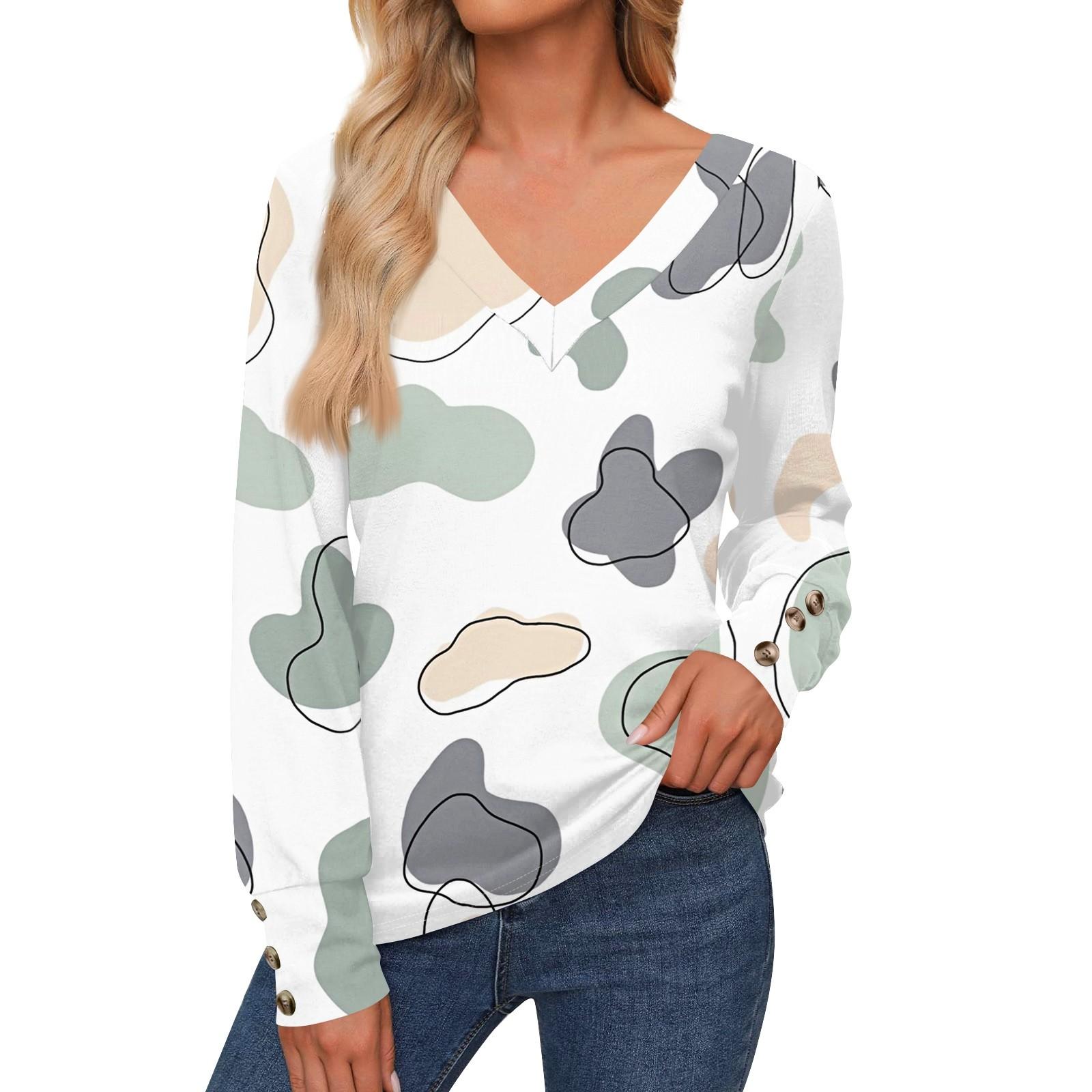 

Женская повседневная модная рубашка с длинными рукавами и манжетами на пуговицах, свободная футболка с V-образным вырезом, осенняя одежда S