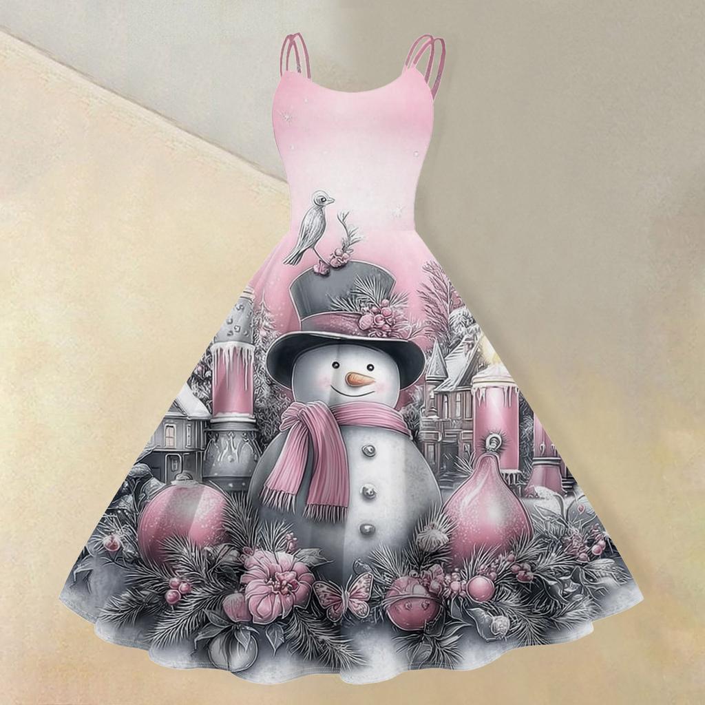 (buon Natale) Abito Casual da Donna alla Moda con Stampa Fiocco di Neve Natalizio/Albero di Natale/Pupazzo di Neve Girocollo Retro