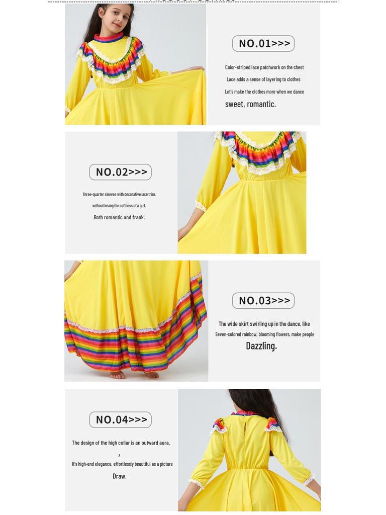 Vibrant Mexican Folk Dance Skirt for Girls - Stage Performance Costume