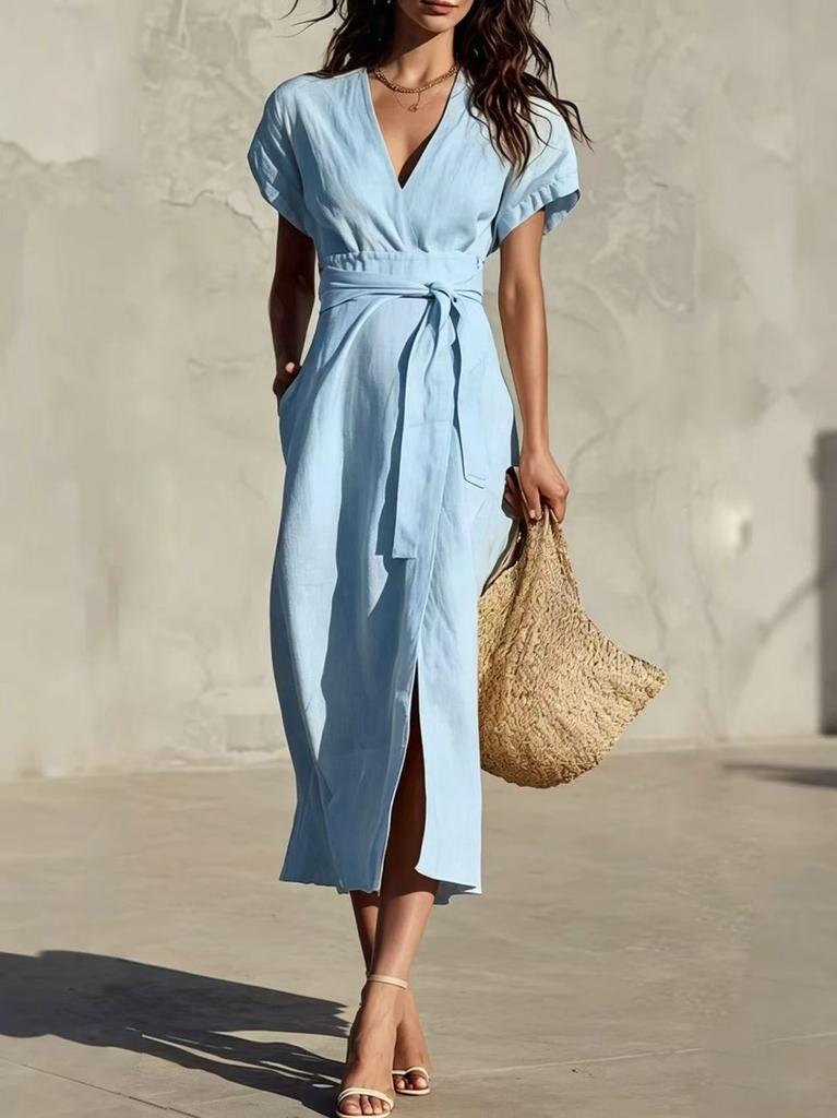 2026 New European and American Cross-border Independent Station Foreign Trade, Casual Simple Solid Color Lace-up V-neck Pocket Medium and Long Dress