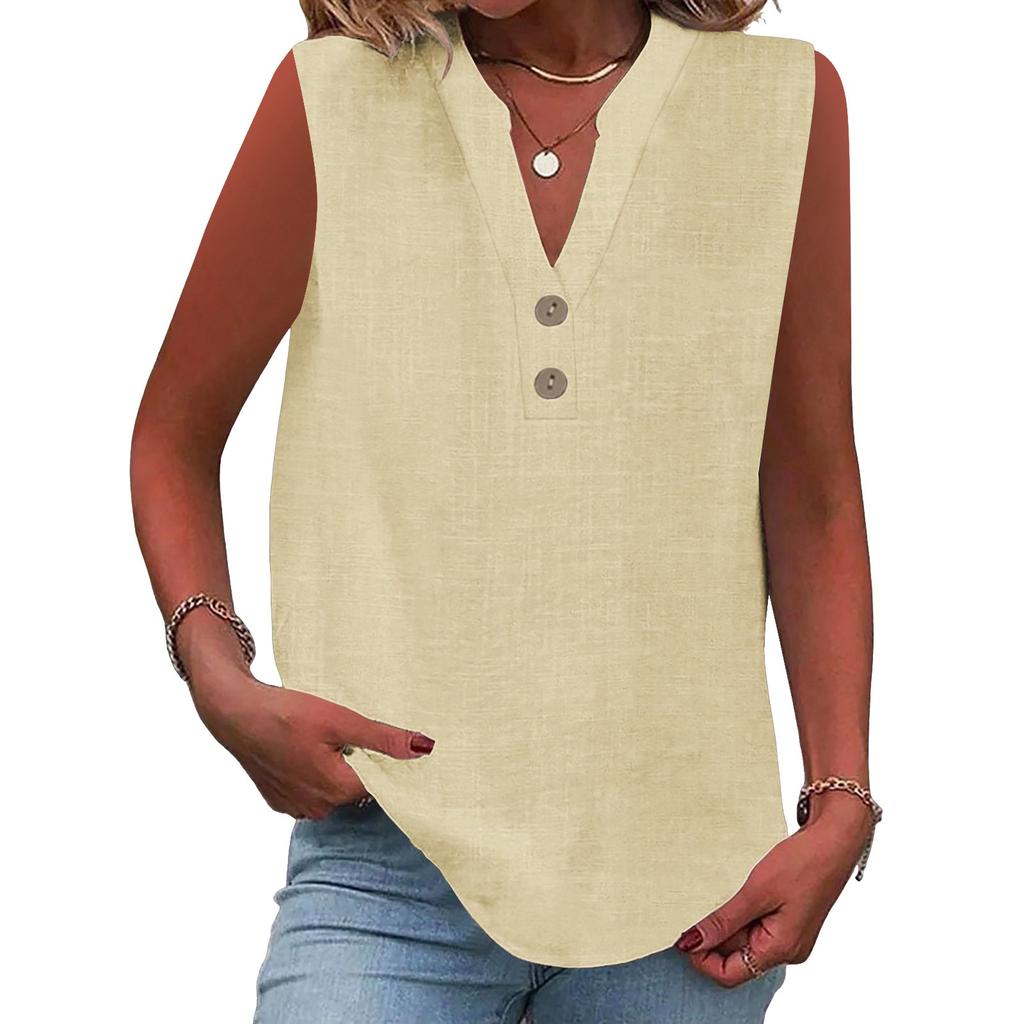Women's Fashion Loose Standing Collar Button Cotton T-Shirt Solid Color Sleeveless Top