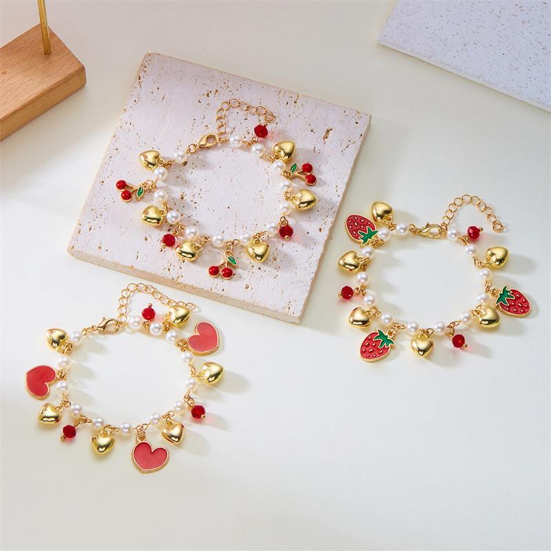 Fruit Jewelry Cherry Strawberry Heart Alloy Bracelet For Women Gift