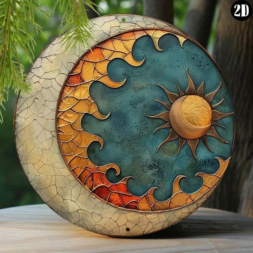 Sun Crescent Moon Metal Sign 2D Flat Rustic Iron Wall Art Outdoor Garden Decor No Power Required