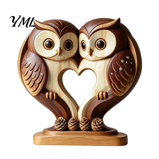 Creative Animal Love Silhouette Wooden Ornament with Stable Base, Double Layer Carved Figurine, Solid Wood Holiday Table Decor Heart Shape Sculpture