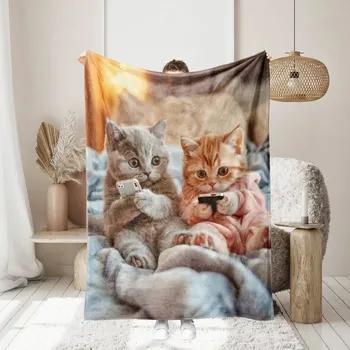 Cute Cat Print Throw Blanket Thick Flannel Soft Cozy SkinFriendly MultiSeason Bed Sofa Blanket