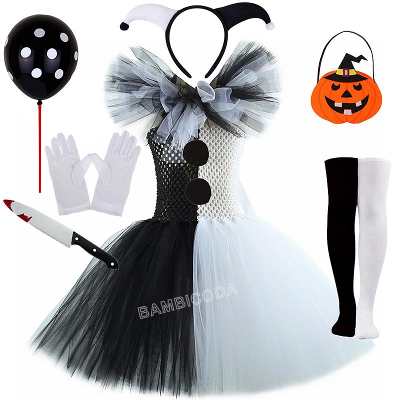 Das Clownskostüm Terrifier Art Girl Schwarz Weiß Ausgefallenes Tutu-Kleid Horror Joker Kleid für Mädchen Halloween Karnevalsparty Kostüme