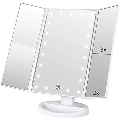 Lustro do makijażu z diodą LED, powiększenie 1x Lustro do makijażu typu triptyk, 2X, 3X, lusterko kosmetyczne 21 diod LED, ekran dotykowy, regulowane o 180° (Biały)