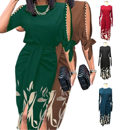 Damenkleid O-Ausschnitt Hohe Taille Ausgeschnitten Schleife Herbstkleid