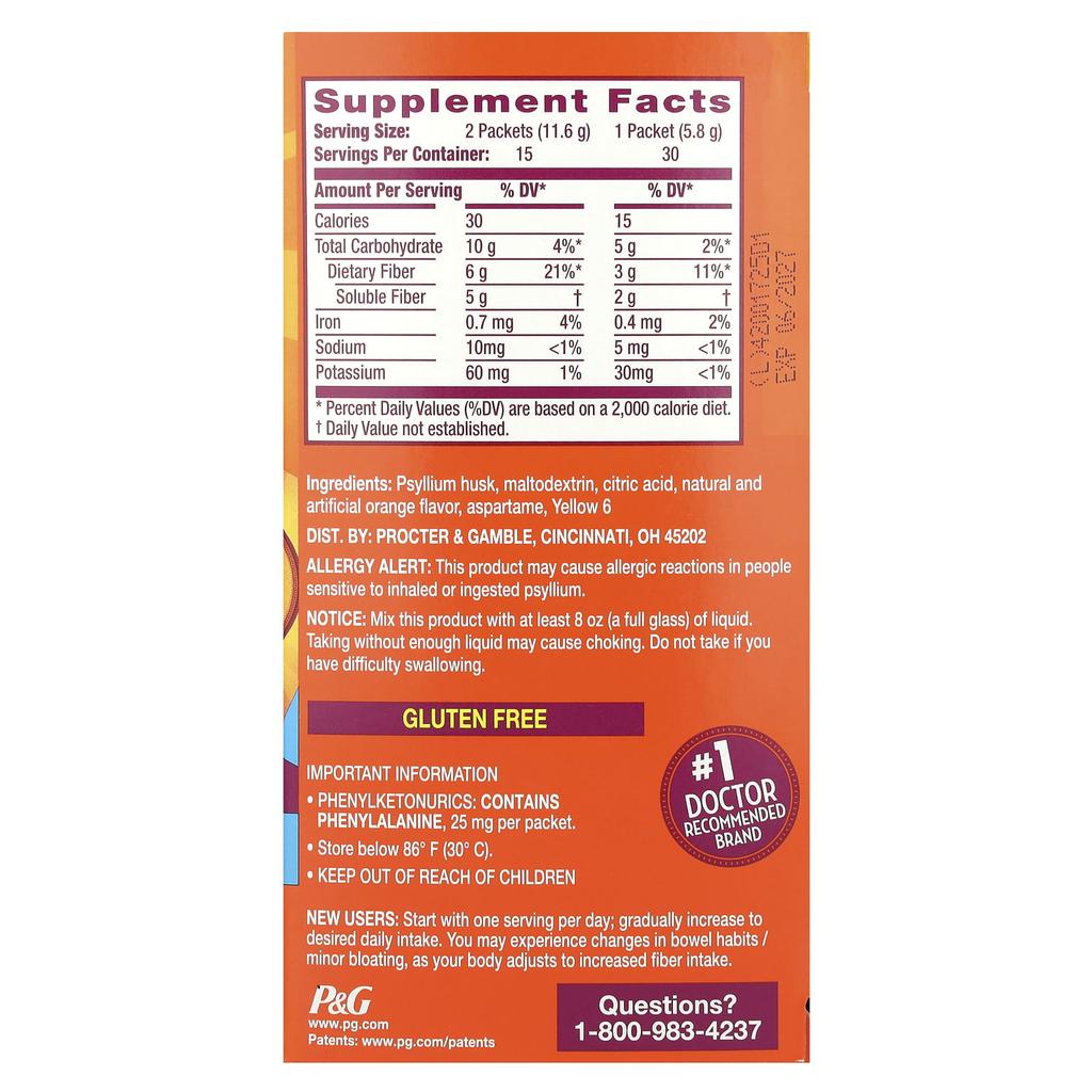 Metamucil, Portable, 4-in-1 Dietary Fiber, No Sugar, Orange, 30 Powder Packs, 0.21 oz (5.8 g) Each