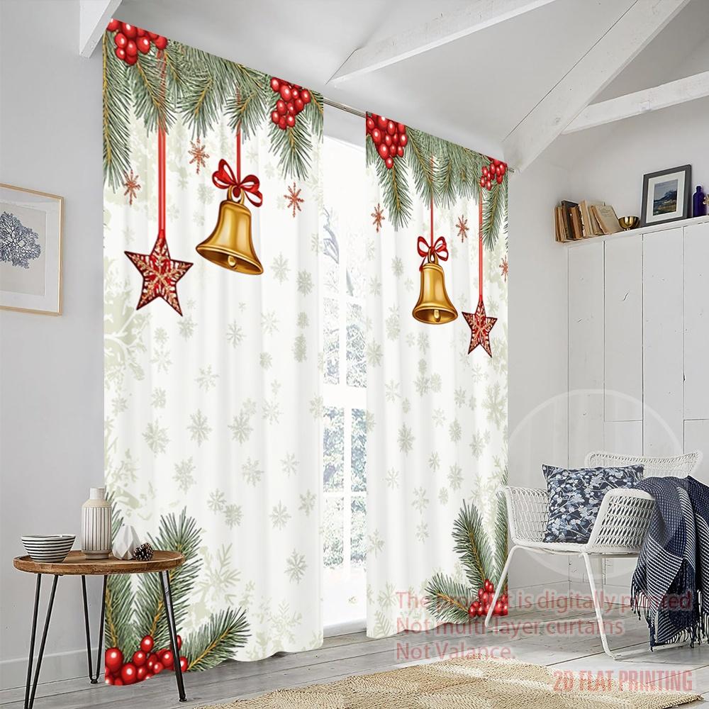 2 szt., druk płaski 2D Kreatywne zasłony Dzwonki świąteczne Gwiazdy Płatki śniegu Obramowanie Tkane poliestrowe (bez pręta) Użytek świąteczny dla