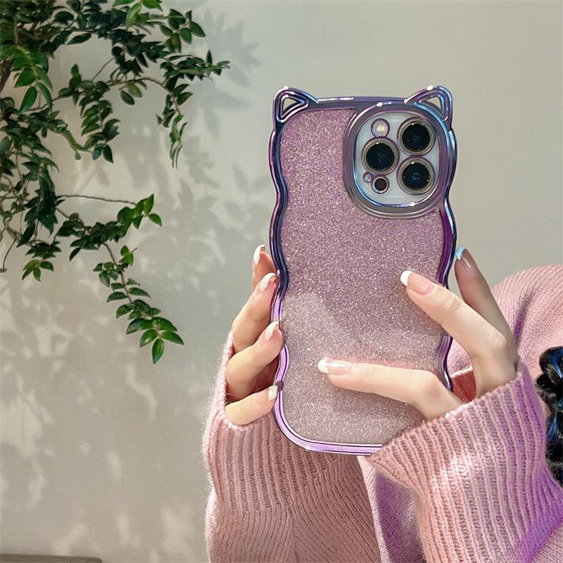 Luxurious Electroplated Glitter Cat Ear Case for iPhone 17 Pro Max, Apple 16, 15 for Women, 14 Soft Case for Men