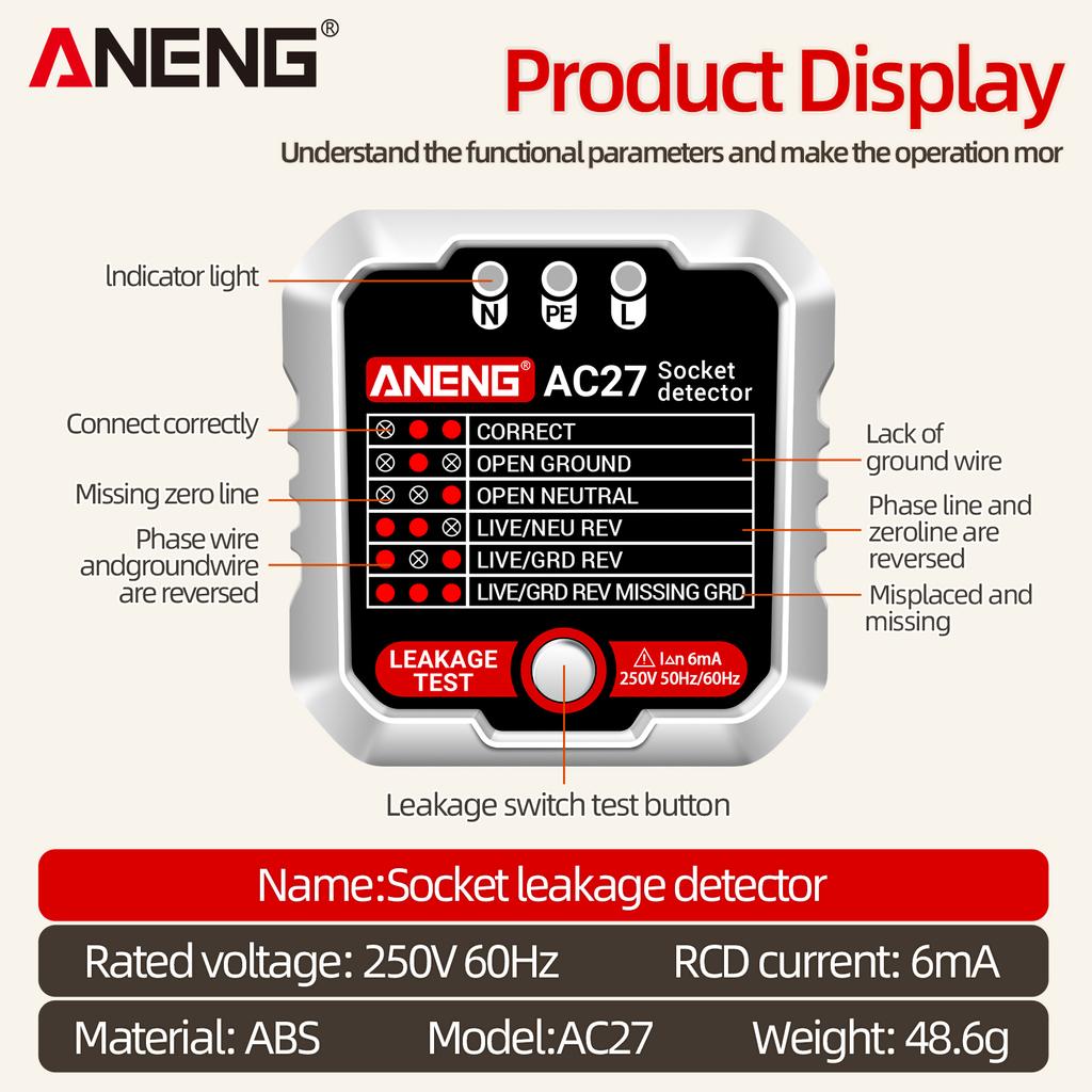 Aneng Çıkış Test Cihazı 250 V Hızlı Algılama Soket Test Cihazı Priz Dedektörü Kaçak Fiş Polaritesi