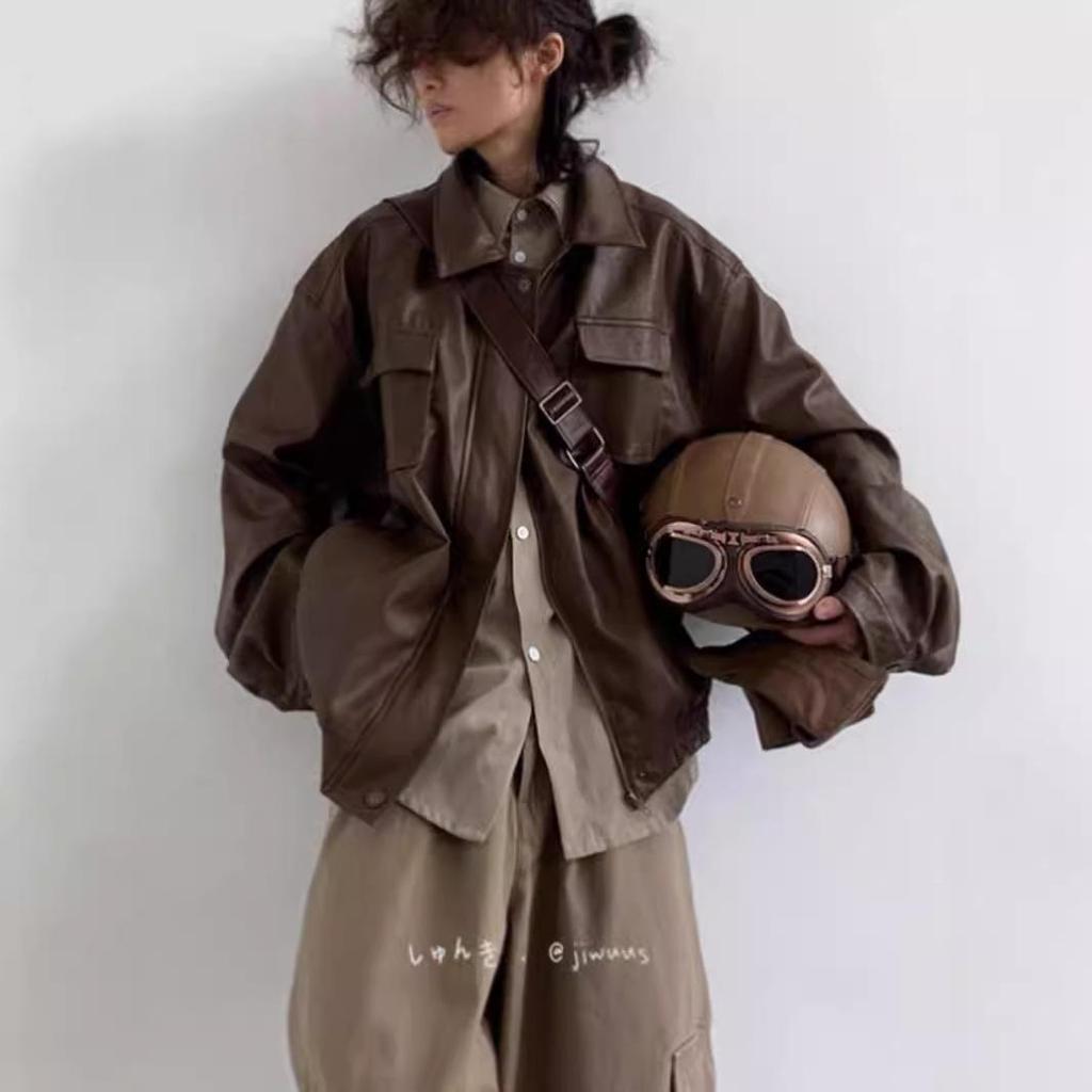 "Spring & Autumn Japanese Retro PU Motorcycle Leather Jacket for Boys & Girls - Classic Brown, Loose Fit, Unisex Casual Coat."