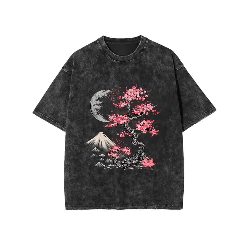 T-shirt Fiore di Ciliegio Giapponese Monte Fuji Stile Illustrativo Grafica Artistica Maglietta Uomo Donna Casual Manica Corta per Uso Quotidiano