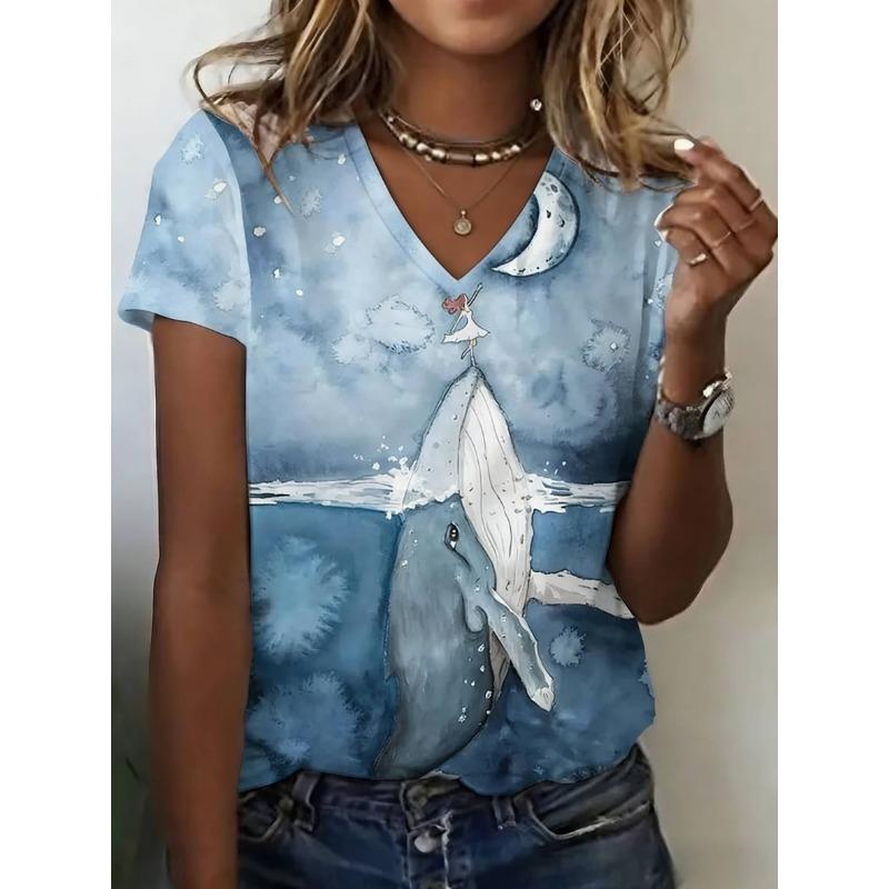 Women's summer casual V-neck short-sleeved T-shirt, with fashionable 3D print, suitable for outings or at home