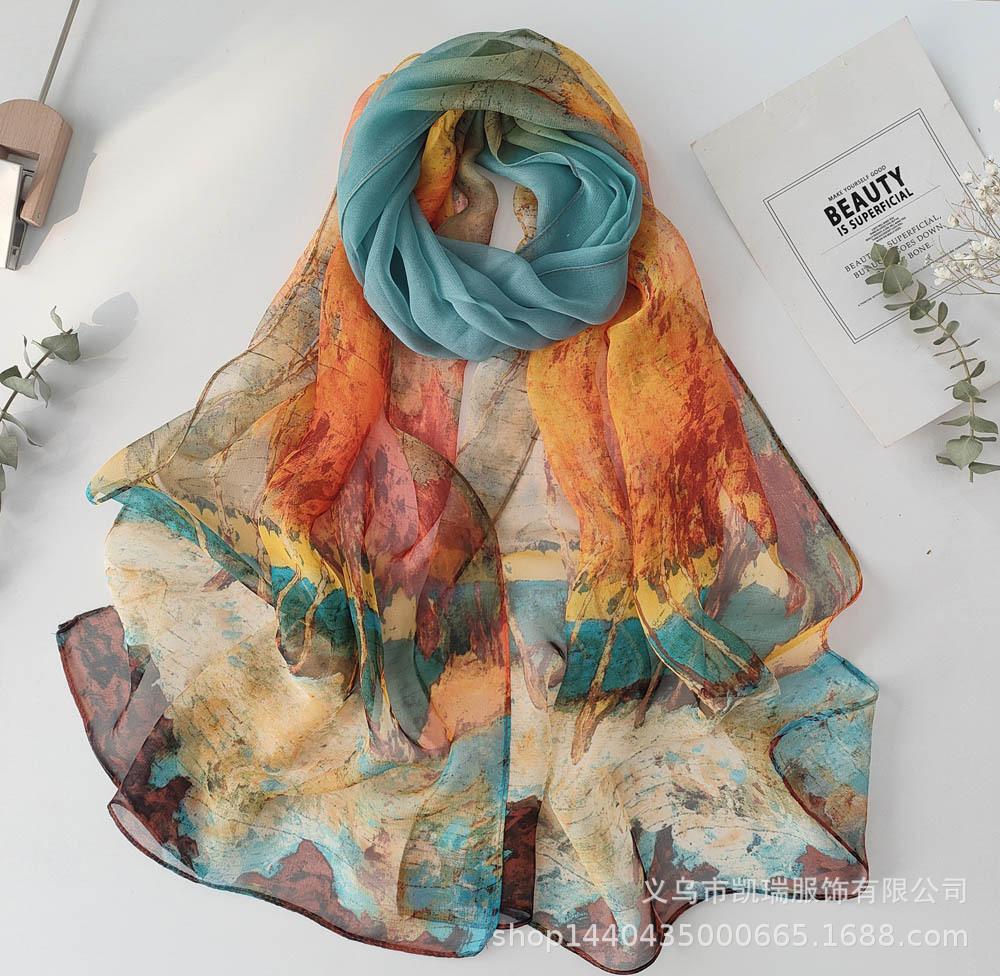 Summer Sunscreen Silk Scarf Seaside Beach Scarf Long Lady Soft Plum Blossom Lady Decorative Thin Silk Scarf Scarf