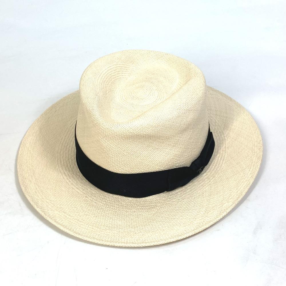CHANEL CC CC Mark Grosgrain Ribbon 19V hat straw hat straw Beige/Black