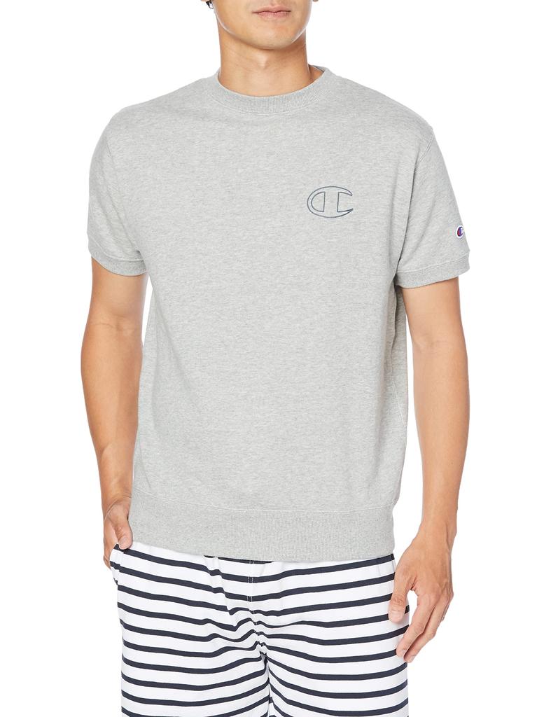 Champion Short Sleeve Crew Neck Oxford Size Cotton USA Graphic Logo Large Back Basic Design Men's Sweatshirt, C3-X016, Gray, L, Fleece, Fabric, Print,