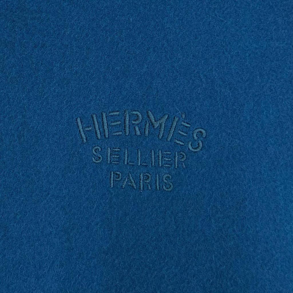 Excellent HERMES Shawl Large Scarf with Embroidered Logo Blue Cashmere Used