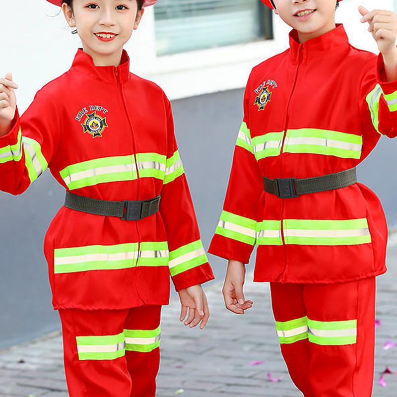 Boys Red Firefighter Costumes Firefighting Heroes Dress Up Clothes Carnival Firefighting Toys Hat Walkie Talkie Fire Extinguishe