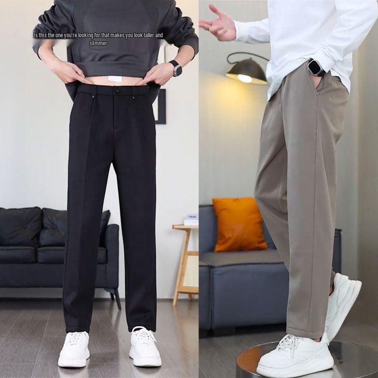 Men's Micro-Tapered Wool Suit Pants: Elastic Waist, Straight Leg, Wrinkle-Resistant, Slimming, Warm, Casual Trousers for Autumn & Winter.