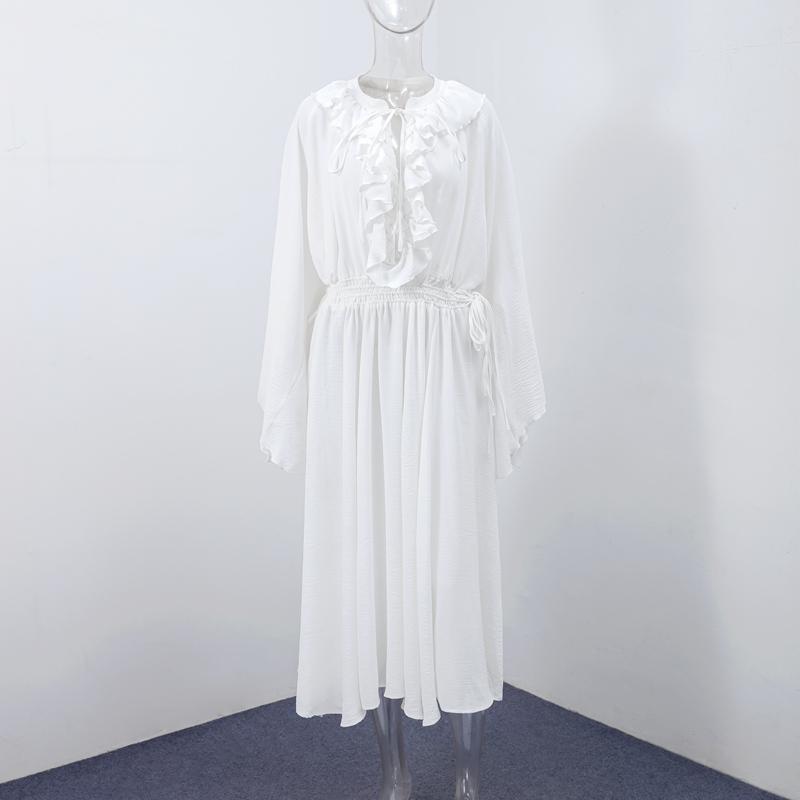 Elegant Solid Color Flounces Dresses Loose V Neck Full Sleeve Female Long Dress New Lady Summer Commute Vacation Dress 2025