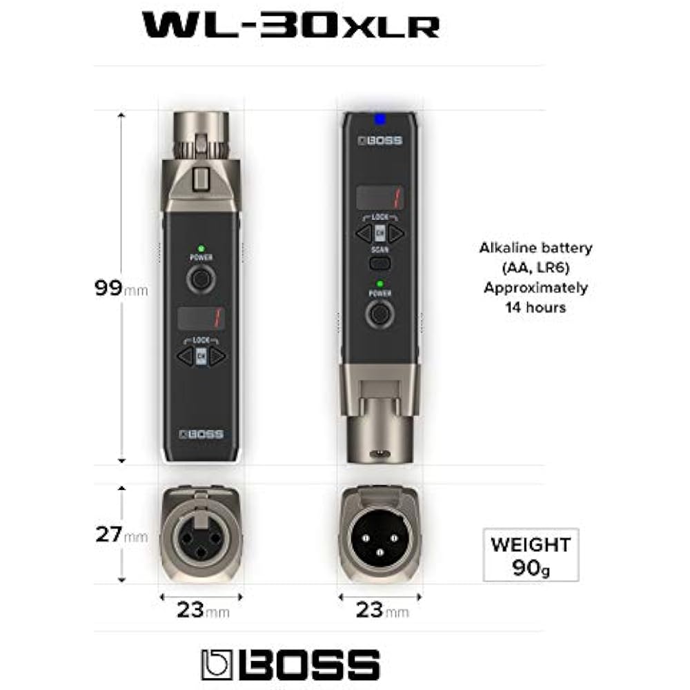 BOSS WL-30XLR wireless system, easy setup, wireless dynamic microphone, transmission range of up ...