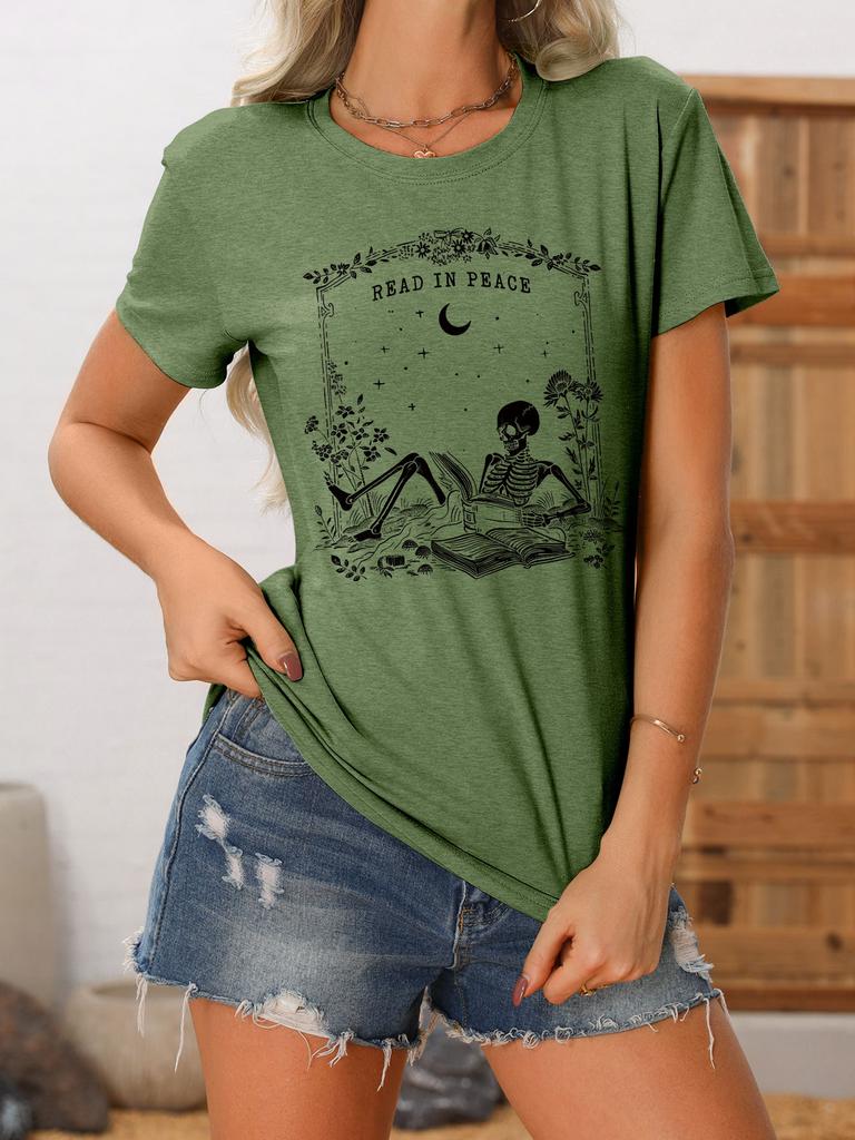 Summer new crewneck Womens casual Tshirt read in peace skull print loose shortsleeved fashion top with all the trend pullove