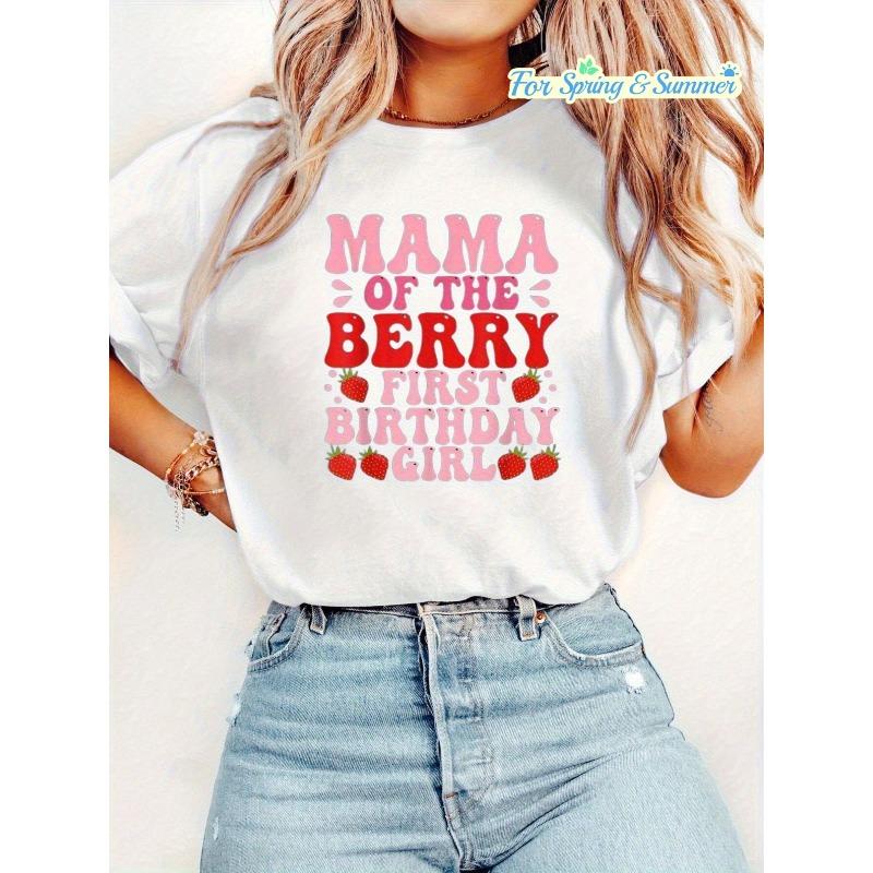 

Women s Mom s Berry First Birthday Graphic Tee Crew Neck Short Sleeve Summer Spring Top S белый