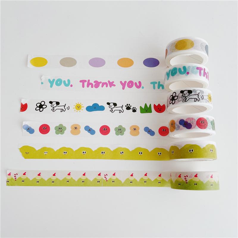 5m Washi Tape Korean Ins Style Cartoon Dog Face English Letters Decorative Paper Tape Removable for Journaling