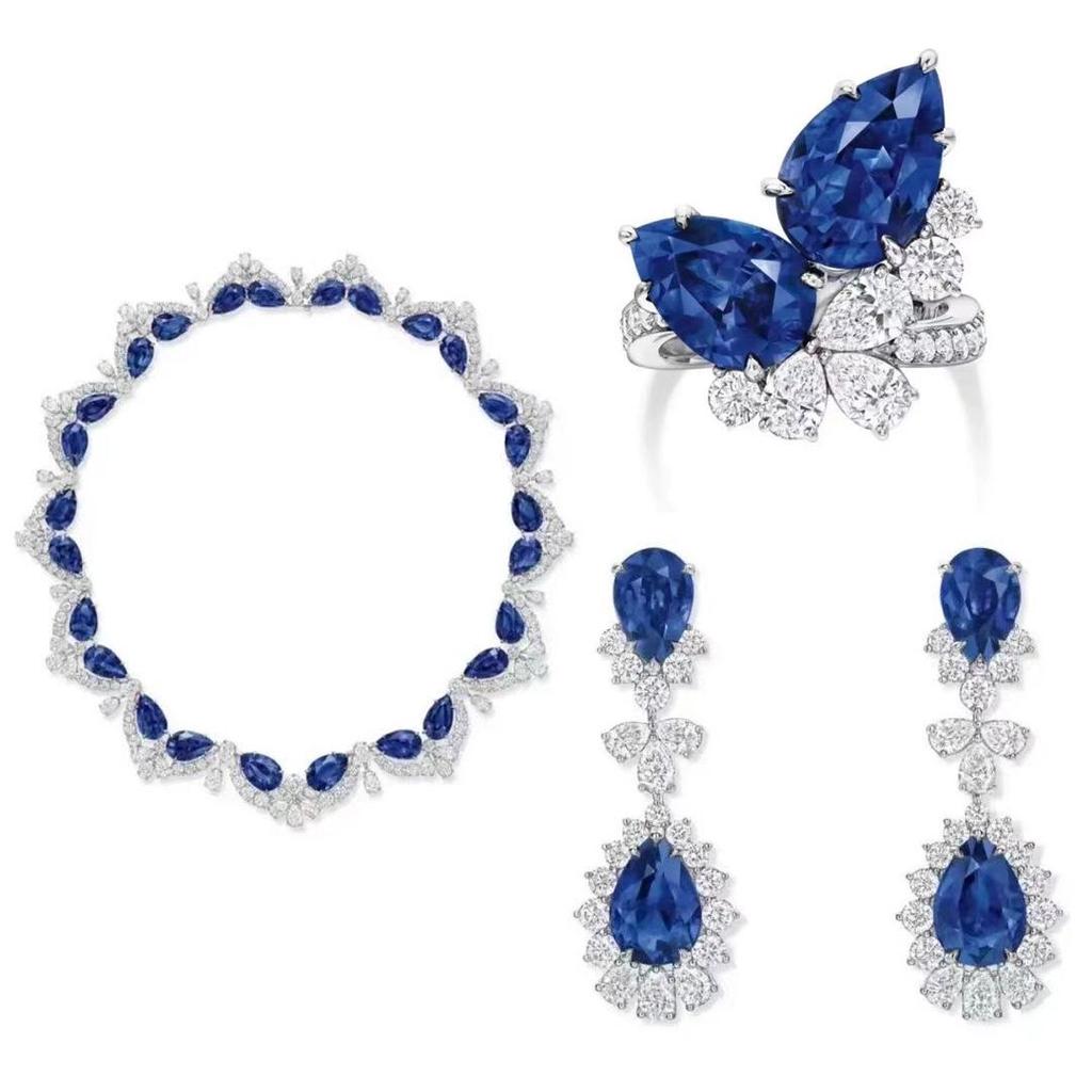 Luxury Jewelry Set: European & American Style - Tanzanite Blue Zirconia Necklace, Diamond Stud & Dangle Earrings, Water Drop Ring for Women