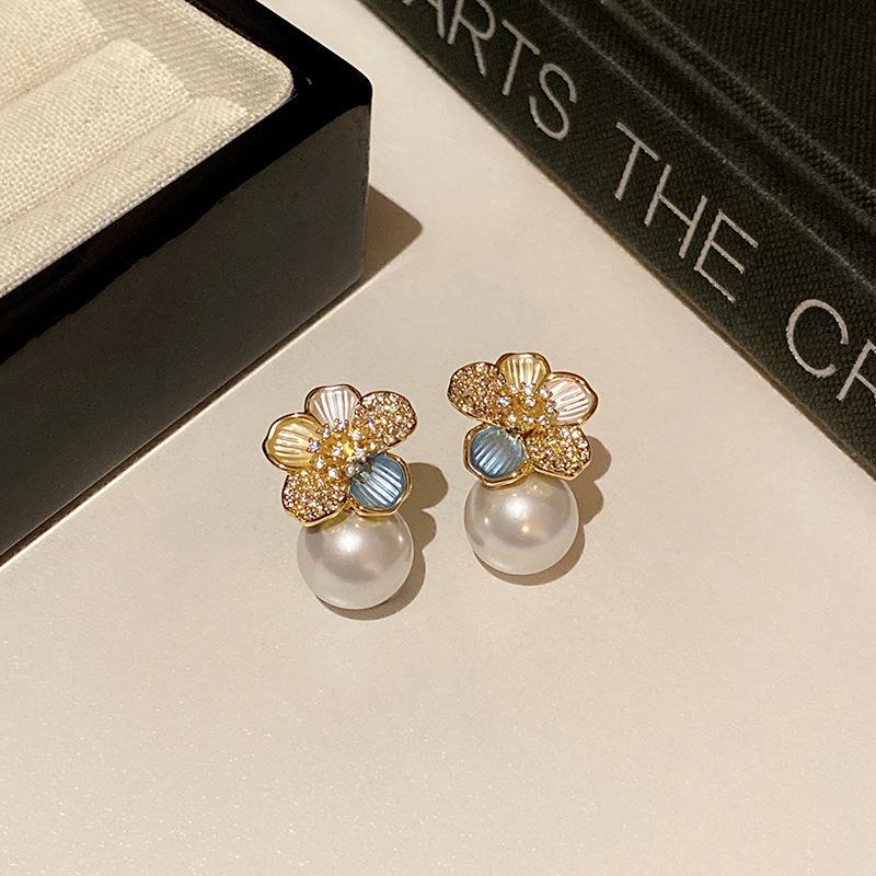 S Sterling Silver Needle Zircon Pearl Flower Earrings Women s Real Gold Electroplating Explosive Earrings Fashion Ears