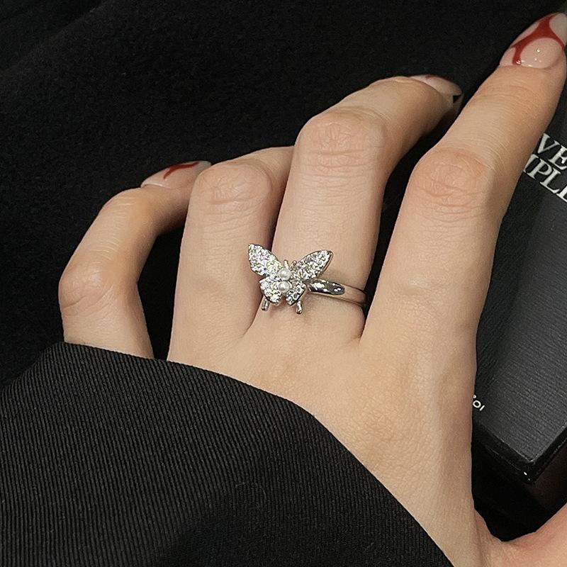 Full Diamond Zircon Butterfly Series Open Ring Light Luxury High Sense Niche Design Fashion Ring