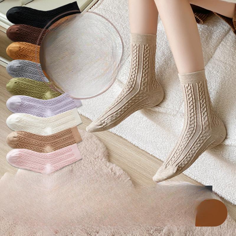 Women's Autumn and Winter Cashmere Mid-calf Socks, Twisted Boneless Long Socks, Solid Color Thickened Warm Women's Wool Socks