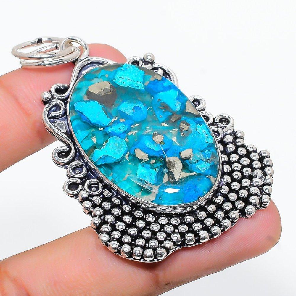 Natural Copper Blue Turquoise Gemstone 925 Sterling Silver Pendant 2.56" q6Z00
