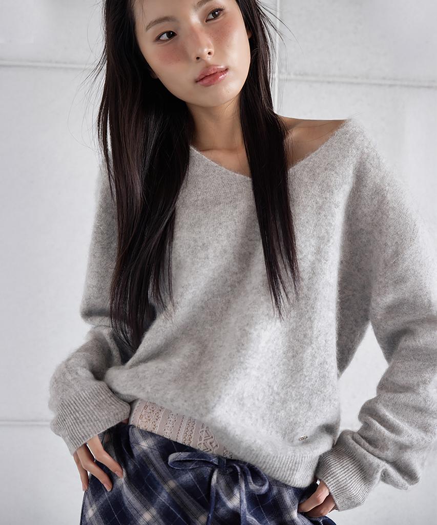 Leondeondada Soft Cashmere Pendant V Pullover Knitwear, L.Grey