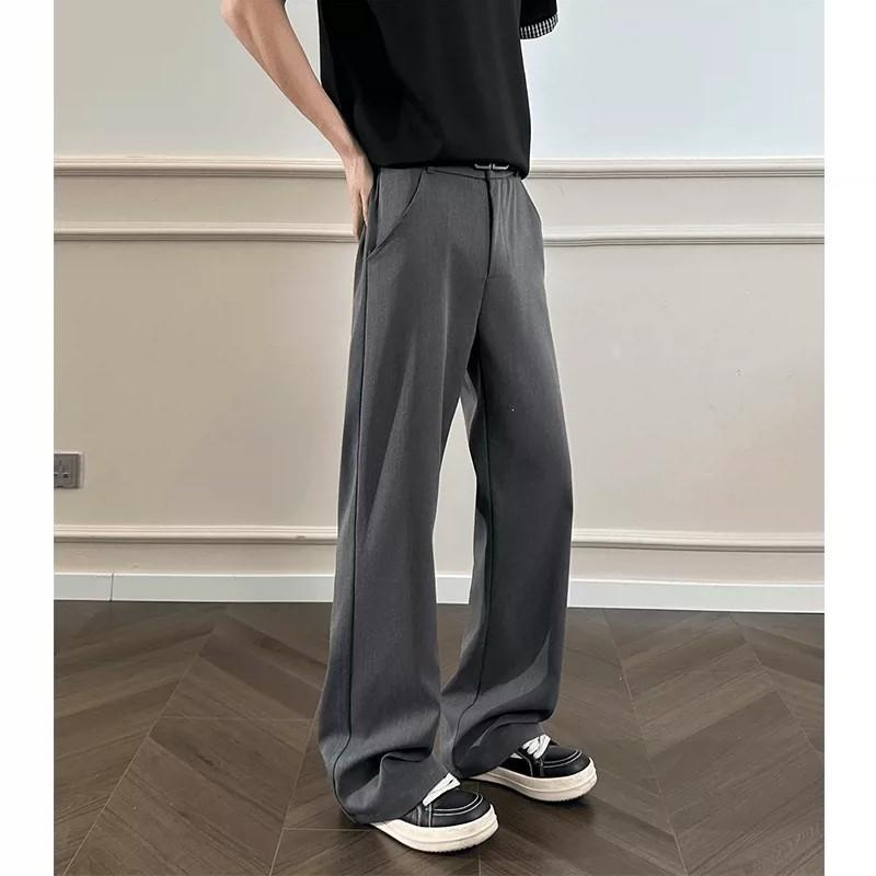 Mens Gray Black Embroidered Flare Dress Pants Old Money Style Relaxed Fit Casual Trousers