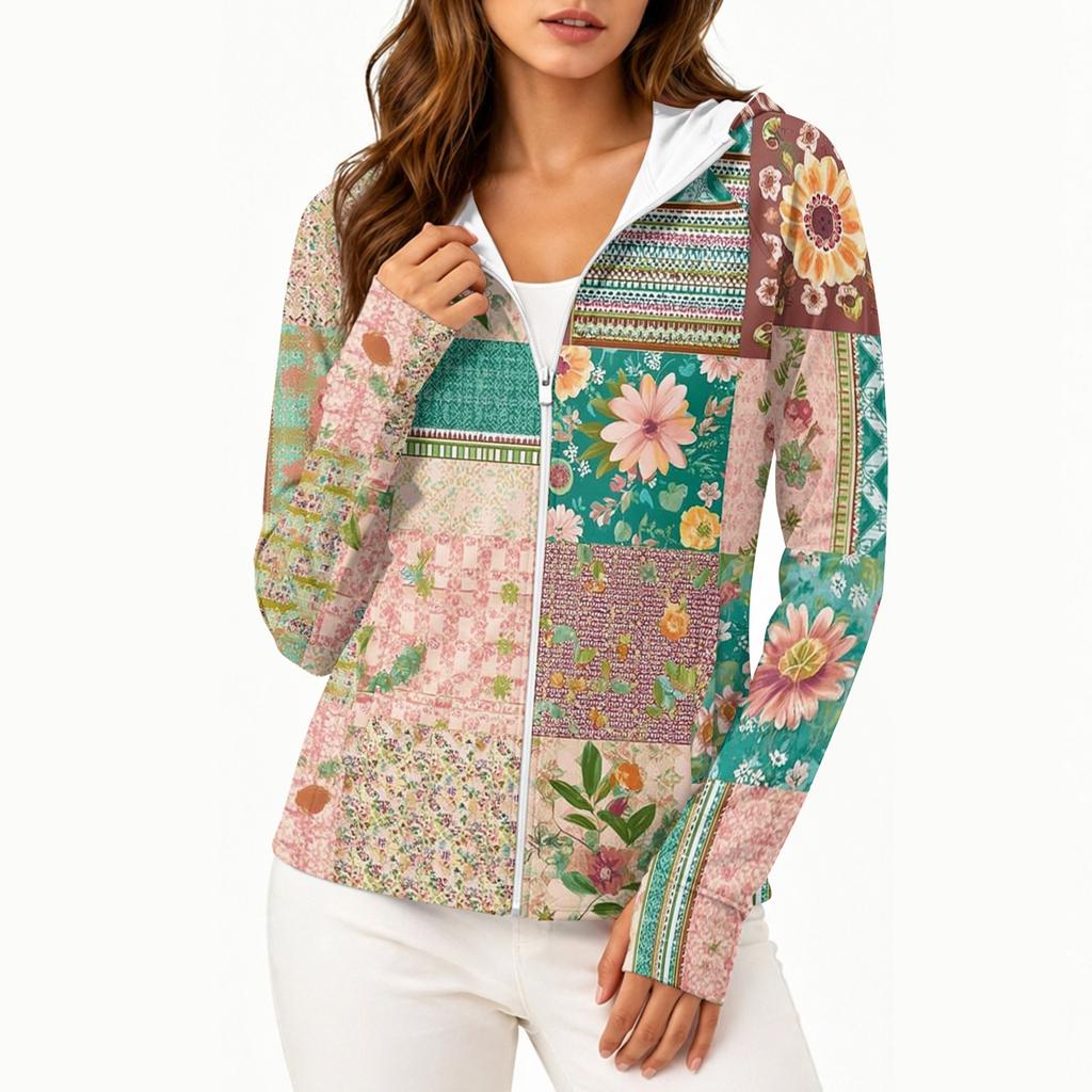Women Lightweight Hooded Sun Protection Jacket Full Zip Long Sleeve Printed Pocket Outdoor Activewear Windbreaker