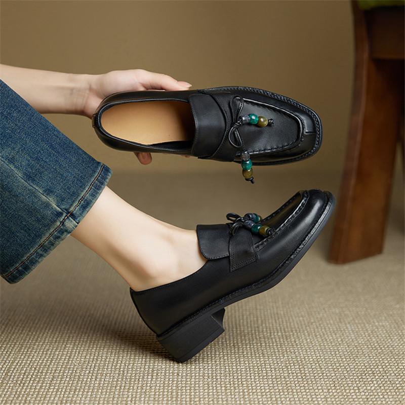 Fashion New Spring/autumn Genuine Leather Women Shoes Round Toe Loafers Shoes for Women Fashion Bow Women Pumps Shoes Chunky High Heel
