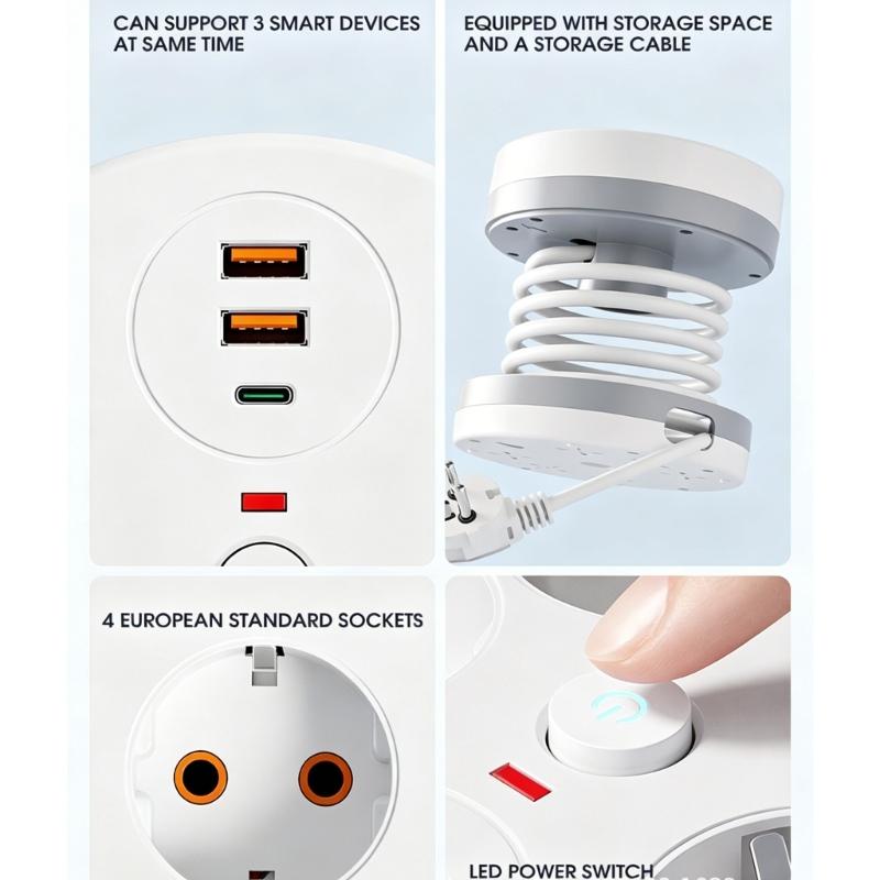 Power Extension Block Intelligent Design 4 Outlet 3 USB Charging Port 280Cm Adjustable Length Cable with Protections