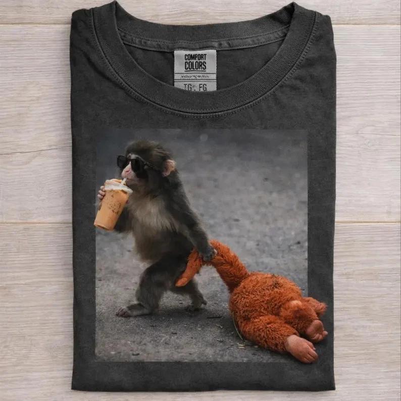 Baby Monkey Punch Drinking Iced Coffee Shirt, Animal Lover Gift, Trendy Tee S