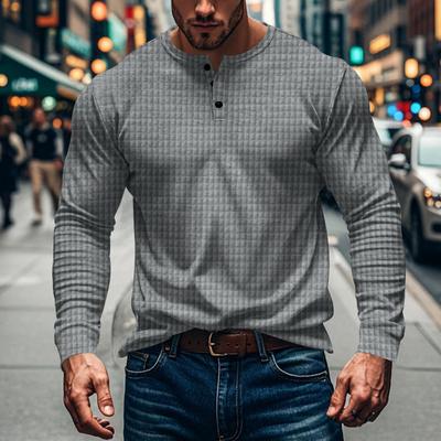 Sonbahar ve kış erkek tişörtü yeni jakarlı küçük kare eğlence spor erkek gündelik uzun kollu Henley gömlek
