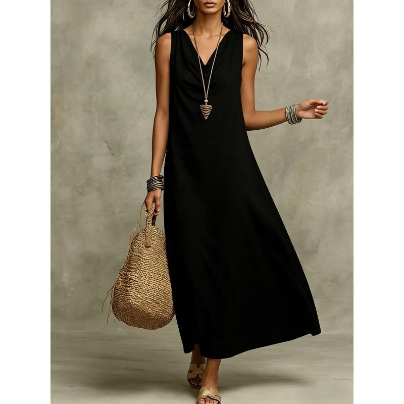 JPNTKY Women's Fashion Summer Spring Solid Color V-Neck Sleeveless Print Casual Dresses