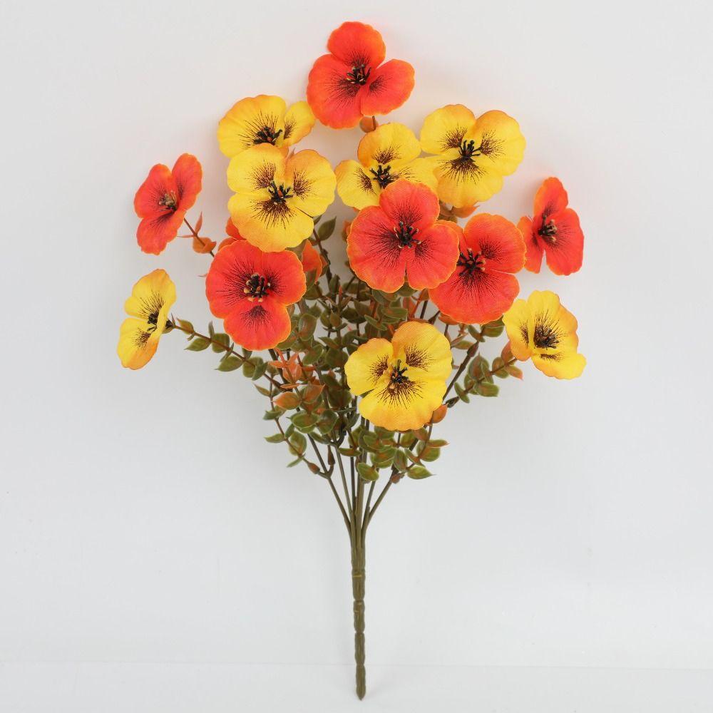 Plastic Artificial Pansy Flowers 7 Fork Reusable Fake Flowers Eucalyptus Leaves Tricolor Violet Faux Pansy Flowers Wedding Party