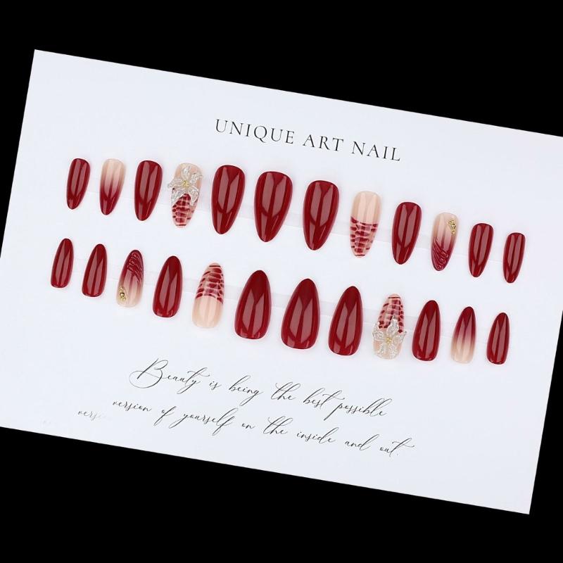 Christmas Wine Red False Nail For Formal Event Sculpted 3D Flower Comfortable Almond Shape Artificial Nail